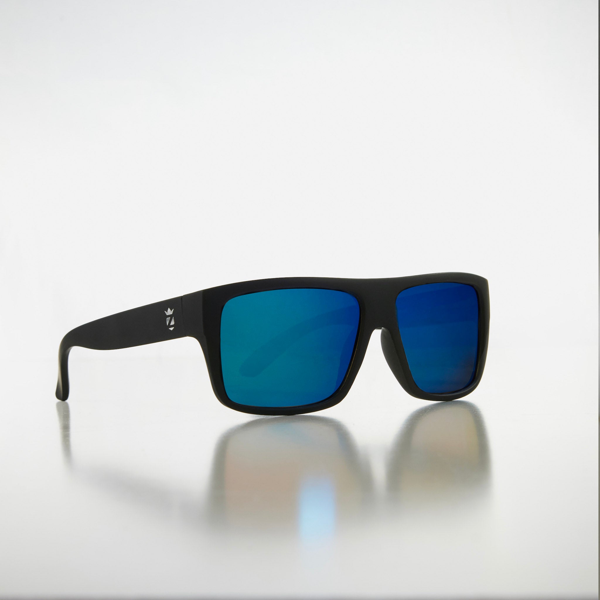 black frame sunglasses with blue lenses studio shot