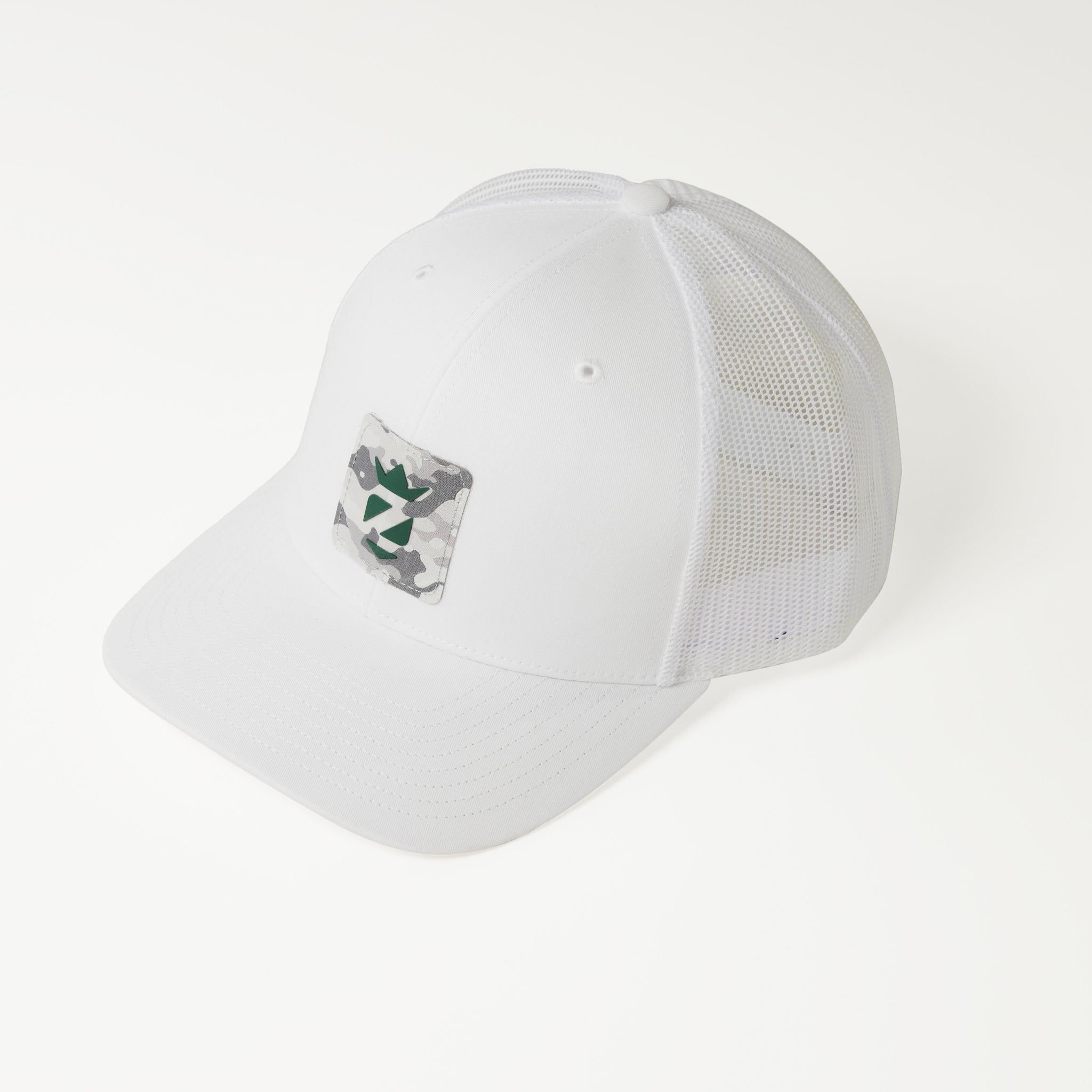 White Trucker with Green Logo Camo Patch